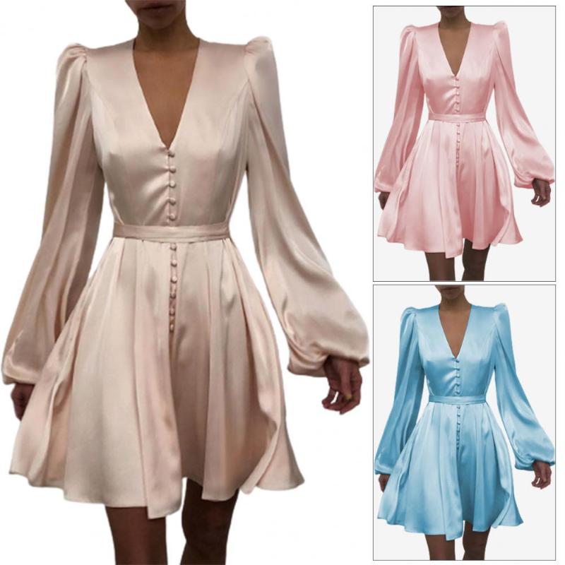 

Casual Dresses For Women 2022 Spring V-Neck Mid Waist Polyester Fiber Puff Sleeve Party Dress Wedding Pink Xl Vestidos