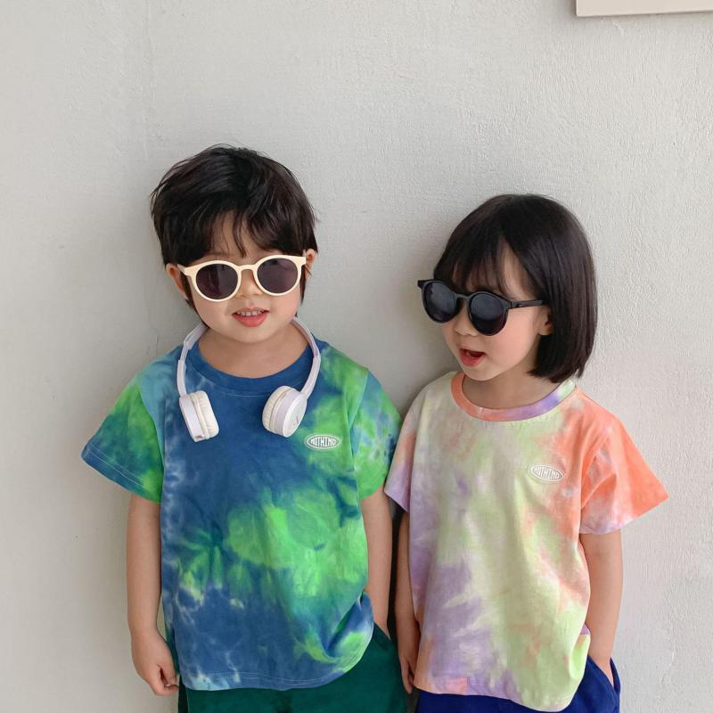 

Clothing Sets Kid Fashion Clothes Boys Tie Dye Gradient Handsome Short Sleeve Tops Girls Solid Cotton Loose T-shirtClothing, Blue green