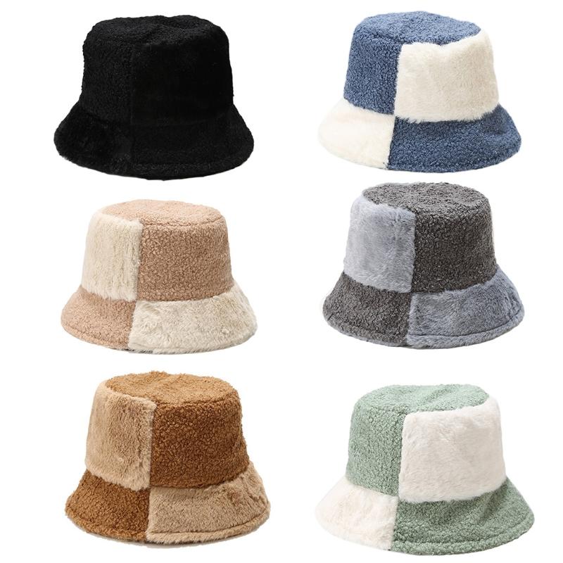 

Berets Unisex Fashion Stitching Contrast Color Plush Fisherman Hat Wide Brim Block Bucket Autumn Winter CasualBerets BeretsBerets, Black