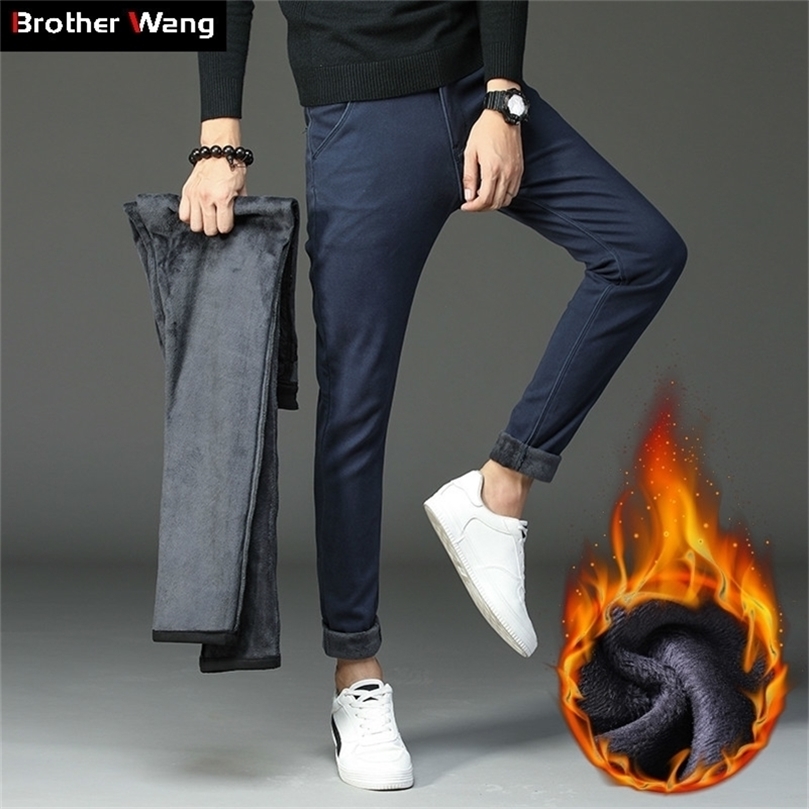 

Winter Men's Warm Casual Pants Business Fashion Slim Fit Stretch Thicken Trousers Male Brand Khaki Navy Gray Pants 201128, Blue