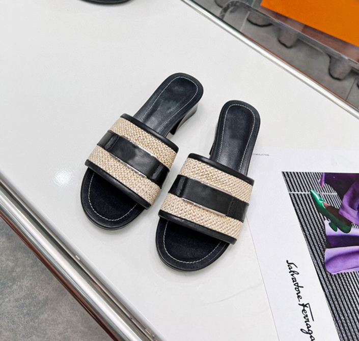 

2022 Women Heel Slippers Sandals LOCK IT MULE Black Cognac Brown Raffia Calf Leather Outdoor Slipper Summer Designer Luxury Fashion Beach Flat Flip Flops, Customized