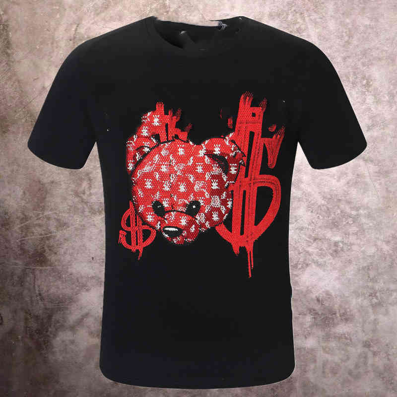 

Summer Ger new fashion brand PP hot diamond Red bear drill skull for self-cultivation men's personality fashion large slim round neck short axis T-shirt isn, White