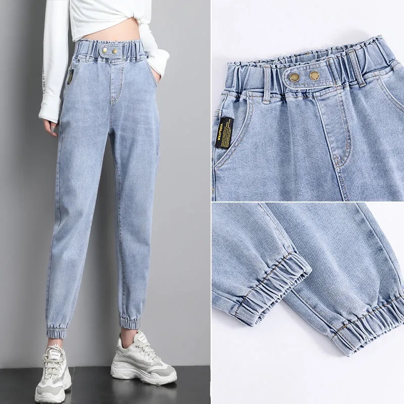 

Spring Autumn Stretch Straight Jeans Slim Women High Waist Harem Denim Pants Elastic Boyfriend Pants Korean Jogger Pants, Light blue