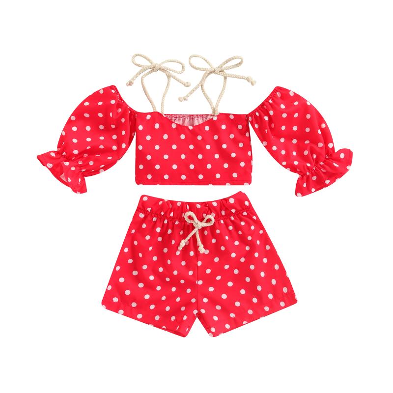 

Clothing Sets 2Pc Little Baby Girls Sweet Style Outfit Toddler Summer Dot Print Off Shoulder Short Suspender Tops Drawstring Shorts Casual S, As pic
