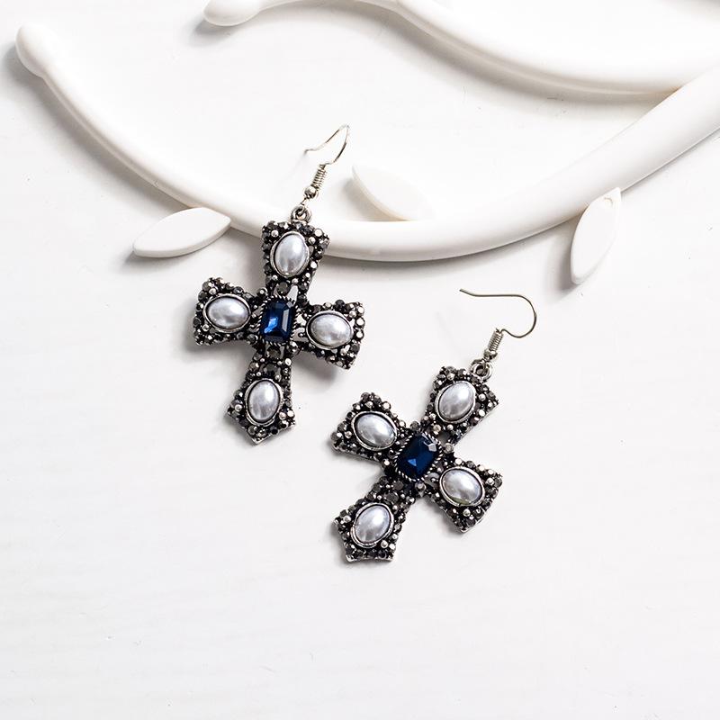 

Dangle & Chandelier Exaggerated Vintage Cross-shaped Dark Blue Crystal Pearl Beads Pendant Earrings For Women Jewelry Wholesales