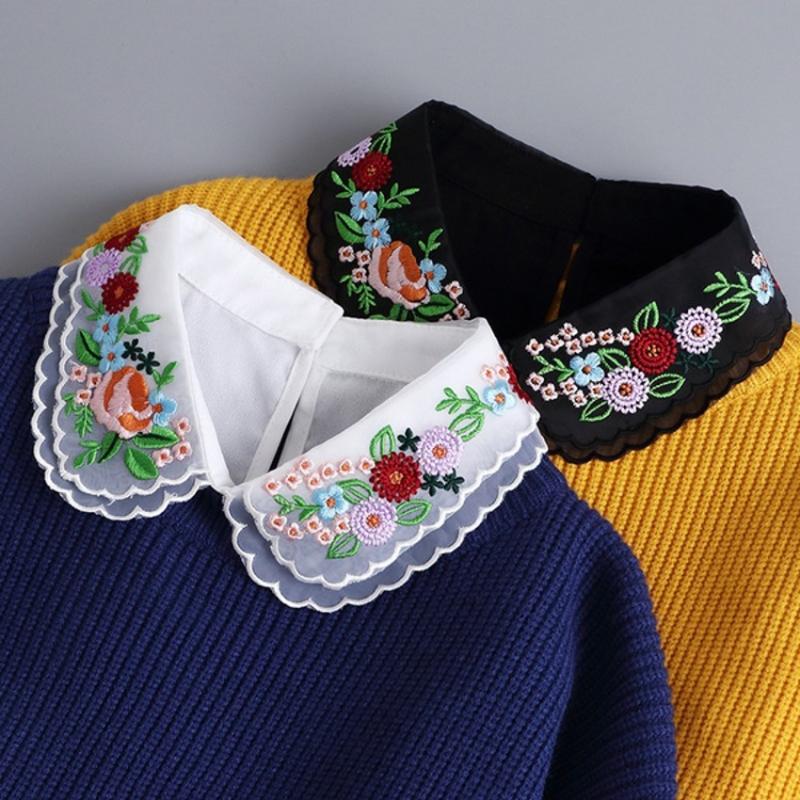 

Bow Ties Embroidered Sweater Lapel Fake False Collar Female White Half Shirt Tie Detachable Collars Button Blouse Tops DecorativeBow