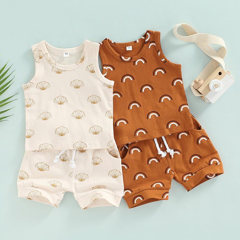 

Clothing Sets 2pcs Baby Boys Girls Summer Outfits Cute Toddlers Rainbow/Seashell Print Sleeveless Vest Tops Elastic Waist Shorts TracksuitsC