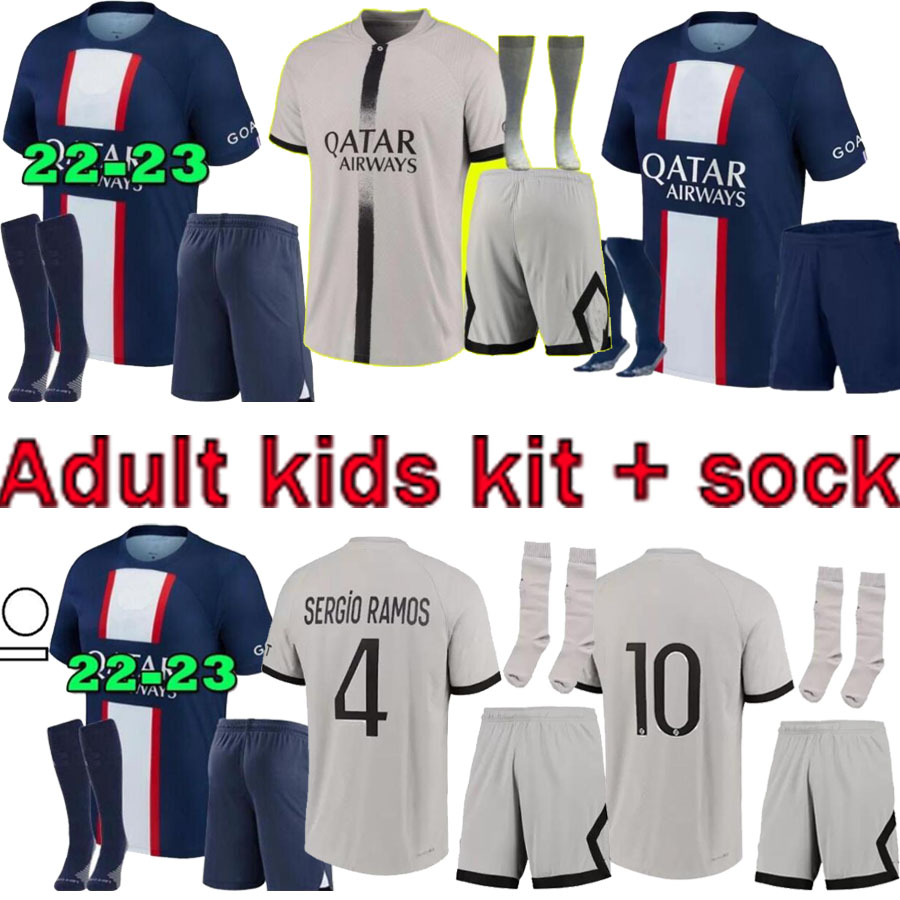 

Adult kids socks 22 23 PLAYER 30 10 MBAPPE 7 soccer jerseys HAKIMI SERGIO RAMOS WIJNALDUM psGS Maillots football shirt 2022 2023 men kids kit sets uniform enfants, Grey