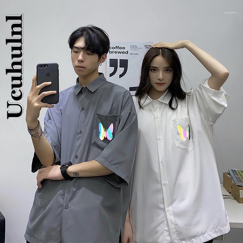 

Ucuhulnl Fashion Summer Unisex Reflective Butterfly Mens Casual Shirts Short Sleeves Single Breasted Dress Women Men, Black
