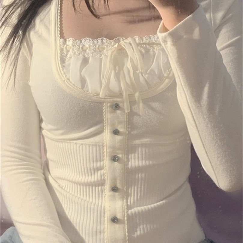 

Korean Cute Y2K Retro Cotton Tops Lace Patchwork Buttons Kawaii Tshirts Autumn Square Collar Chic Casual Shirts Cuteandpsycho 220407, Black2