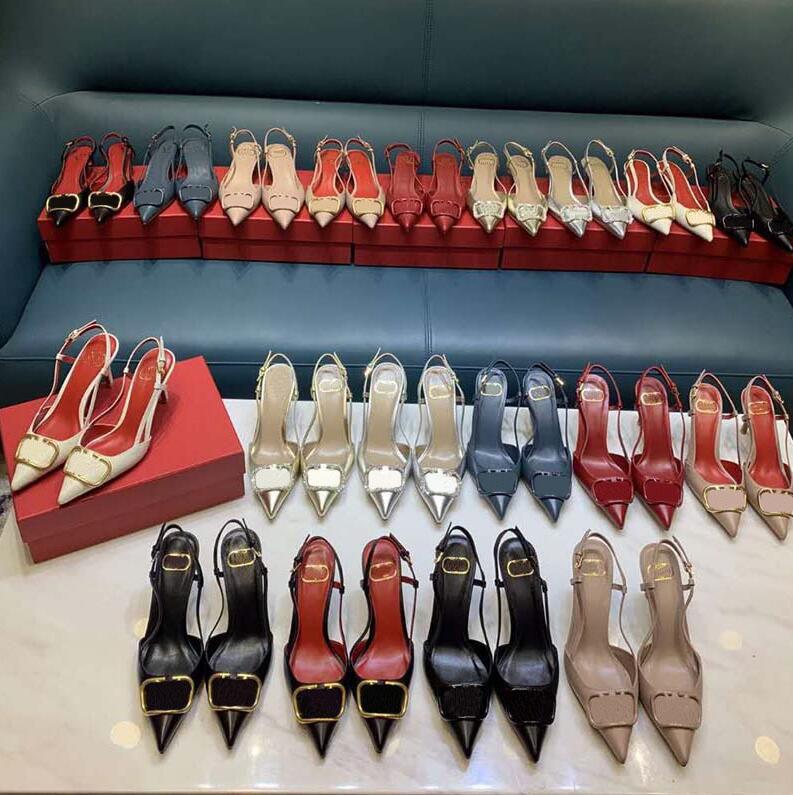 

Brand women high heels sandal 8cm thin heel red wedding shoe Genuine Leather metal V buckle Single shoes sexy pointed toe, Colour7