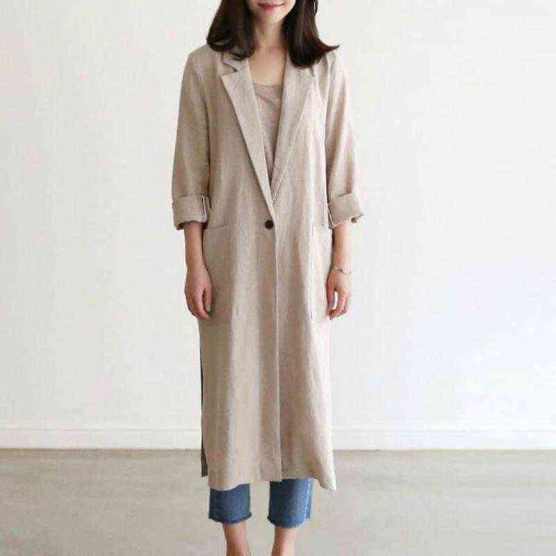 

Women's Trench Coats 2021 Women Autumn Cotton And Linen Long Coat Full Sleeve Single-Button Split Hem Loose Thin Jacket T220811, Beige