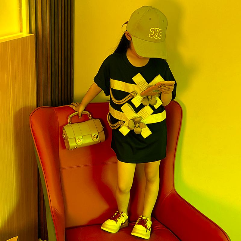 

Girl's Dresses Summer Girls Tee Dress Toddler Long T Shirt For Baby Kids Children Brand Clothes Ribbon 3D Floral Cotton 5-13YGirl's, Black t shirt