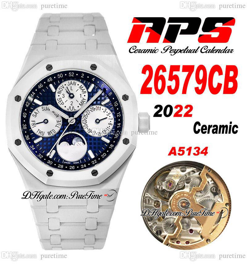 

APSF 41mm Perpetual Calendar A5134 Automatic Mens Watch 2657 CB Superlumed Blue Textured Dial Moon Phase White Ceramic Case And Bracelet Super Edition Puretime C3