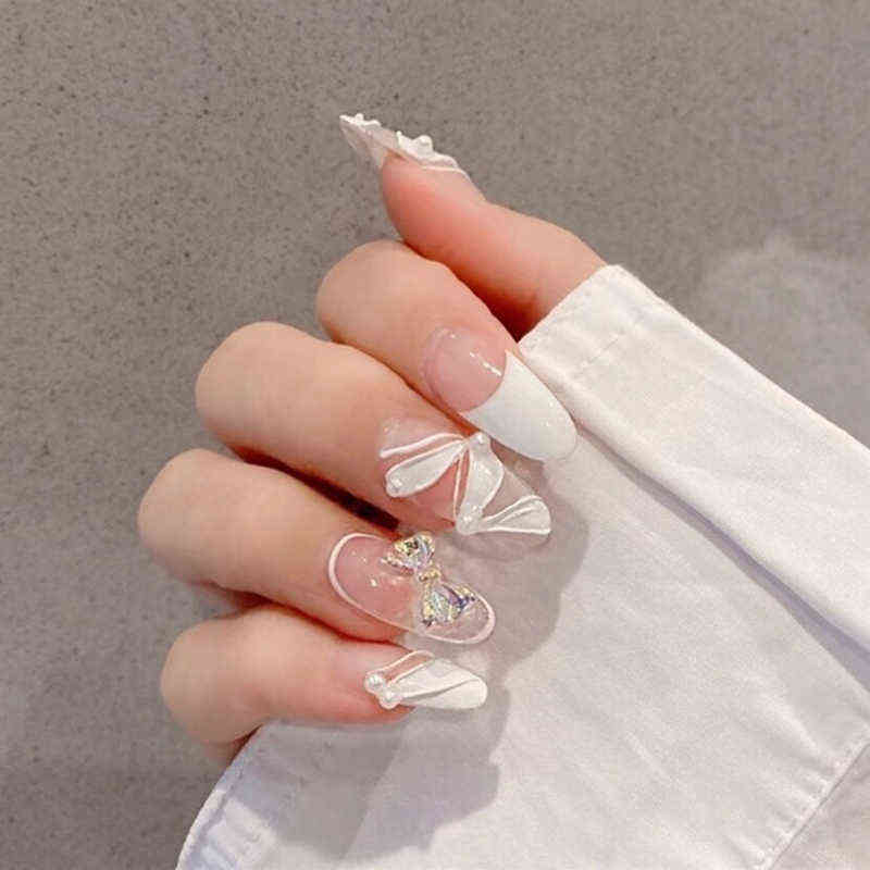 

False Nails Fake with Glue Designed 24pcs French Ribbon Wear Long Paragraph Fashion Manicure Patch Wearable Nail Ty 0616, Black