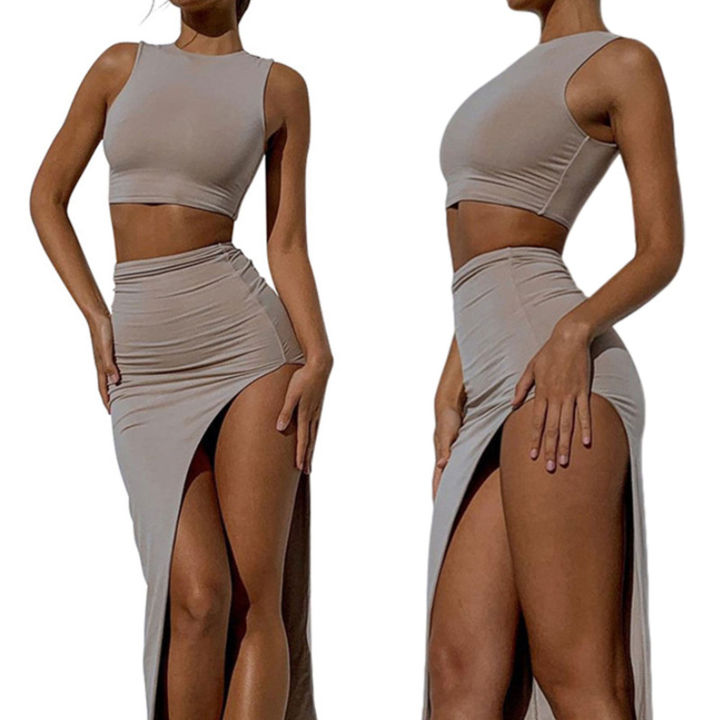 

Women Sexy Two-piece Clothes Set dress Solid Color Round Collar Vest and High Waist Split Long Slit Skirt, Gray