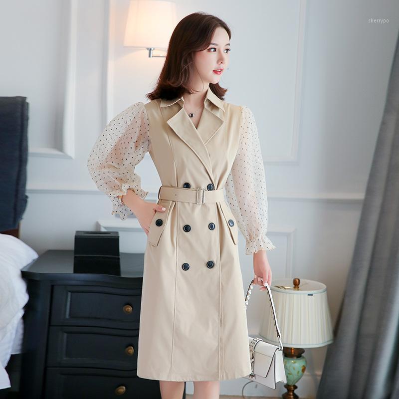 

Women' Trench Coats Coat Mid-length Spring Print Double-breasted Belt Bubble Sleeve Abrigos Temperament Mesh Autumn Windbreaker Z730, Khaki