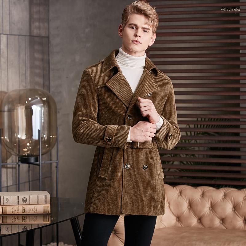

Men' Trench Coats Corduroy Mens Luxury Autumn Winter Medium Length Chenille Stripe Male Jackets Fashion Man With Belt 6XL Will22, Blue