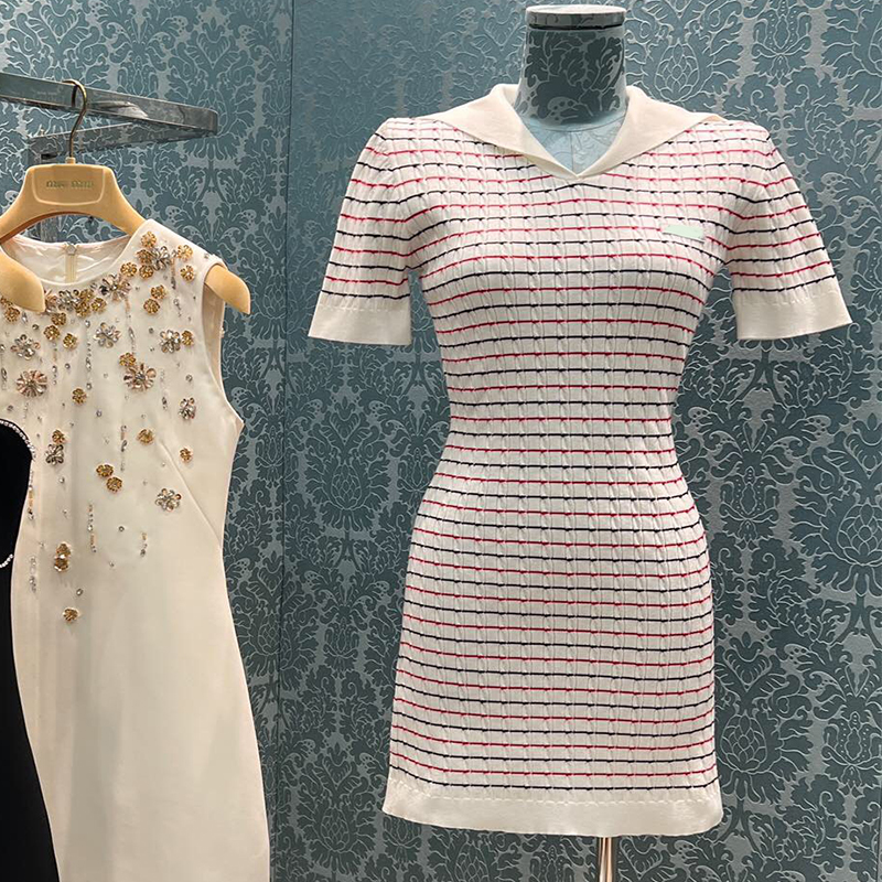 

Women Summer Fashion Lady Knit Stripe Casual Dress Sweet Letter Sailor Collar Dresses 2022 Knitted Short Sleeve Clothes, Pink