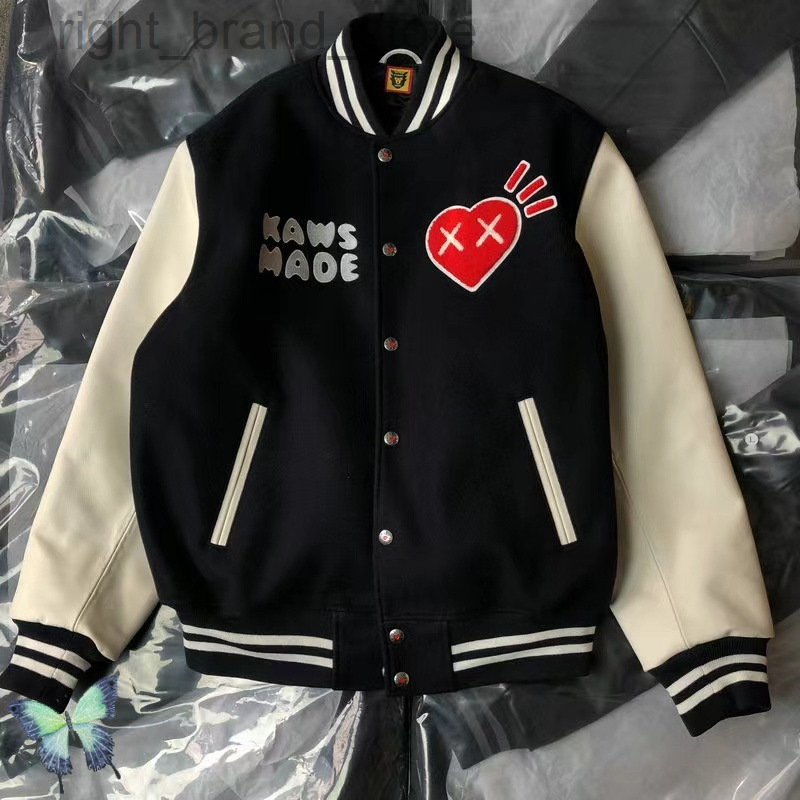 

Human Made Baseball Jacket Heart Embroidered Leather Sleeve Couple Baseball Uniform Men's Women's Outwear Coat W220813