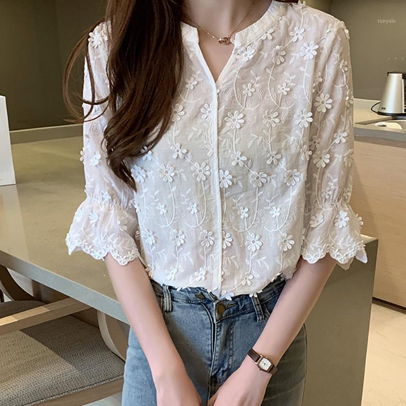 

Women' Blouses & Shirts Women Flare Sleeve White Clothes Floral Embroidery V-Neck Chiffon Blouse Summer Tops Korean Fashion Chemisier Femme