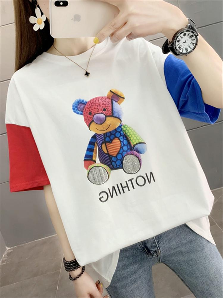 

Women's T-Shirt H.SA 2022 Summer Bear Printing Cotton Loose Tide Female Short-sleeve Diamond-studded O-neck Woman Mid-length TopsWomen's, Nd-6739 white