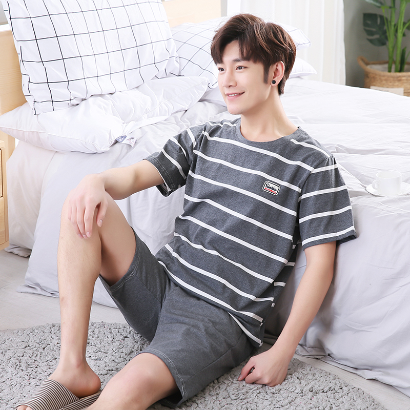 est Ensemble de pyjamas pour hommes Big Yards L 4XL Été Rayé Vêtements de nuit à manches courtes Vêtements de nuit Haut Pantalon Loisirs Outwear