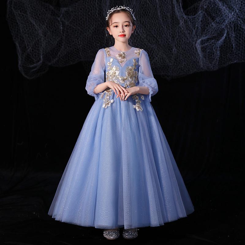 

Girl's Dresses Little Girls Evening For Wedding Blue Puffy Tulle Flower Girl With Long Sleeves Children Piano Performance DressGirl's