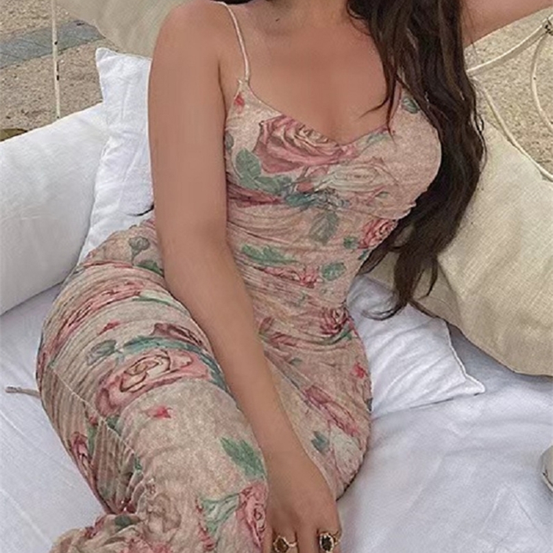

Sexy Backless Spaghetti Bodycon Skims Dress For Women Party Club Vintage Print Maxi Dresses Floral Beach Sundress 220506, Color