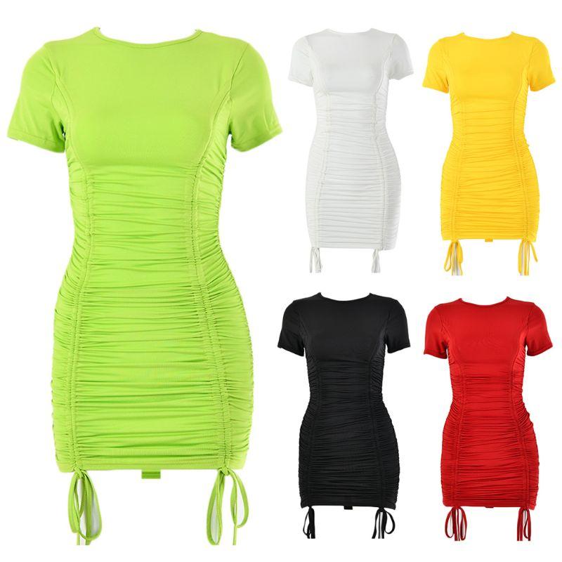 

Party Dresses Women Ruched Drawstring Bodycon Mini Dress Short Sleeve Neon Solid Color High Waist Package Hip Cocktail ClubwearParty, Green