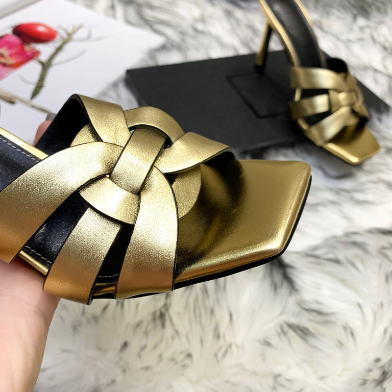 

High Quality slippers stiletto Heels Sandals Tribute Gold Smooth Leather Mules Classic Women's Fashion Heel Women Shoes Summer