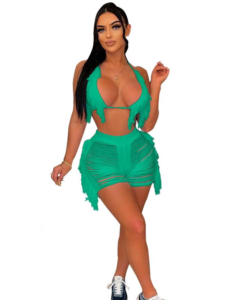 

Women' Tracksuits Szkzk Sexy Tight Fitted Knitting Two Piece Set Women Summer Camis Hollow Out Tassel Perspective Bandage Seaside Party Set, White