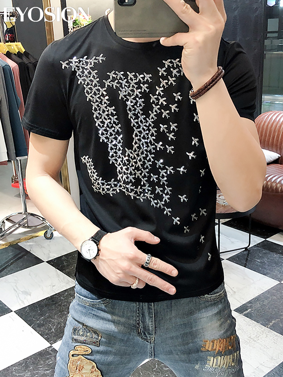 

Men Cotton T Shirt 2022 Summer Tops Hot Drill Short Slim Fit Plane Rhinestone Designs Printed Bigger Size Homme Tee Clothing, Black
