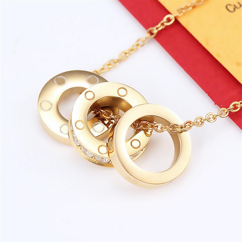 

2021 Titanium Steel Silver Full Zircon Love Pendants Necklace Three Circles Screw pattern Women Rose Gold Couple Jewelry Wedding G281A
