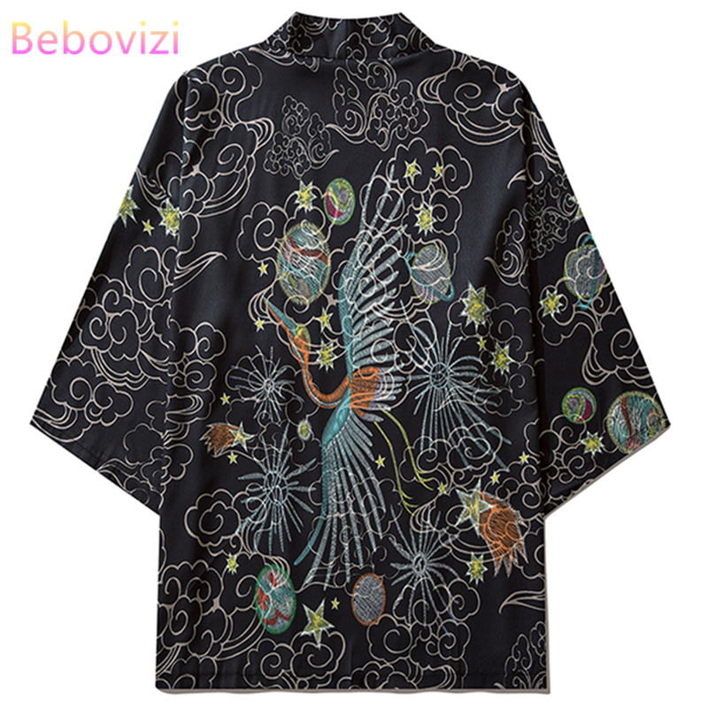 

Fashion Novel Print Black Loose Shirts Streetwear Coat Men Yukata Cardigan Kimono Japanese Traditional Casual Haori Clothing