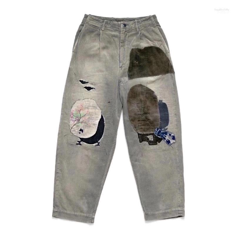 

Men' Pants Hirata Hohiro Heavy Wash Patch Embroidered Printed Stitched Corduroy Men' Casual Safari Style Loose TrousersMen' Heat22, Gray