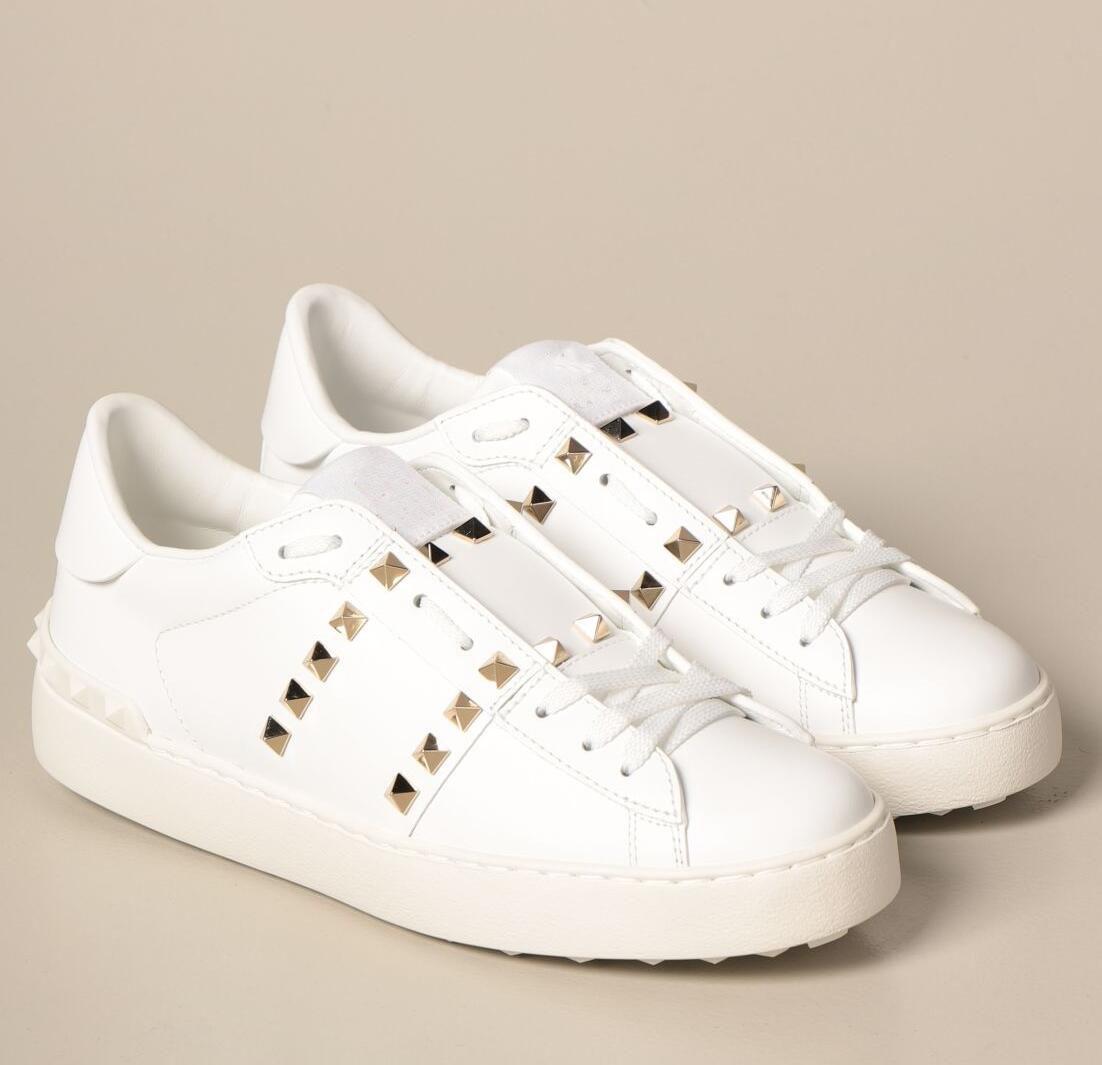 

Open Sneakers Shoes White Leather Rock Stud Trainer Untitled Rubber Sole Calfskin Upper Men's Skateboard Outdoo Valentinoe''Valentinoity VhT