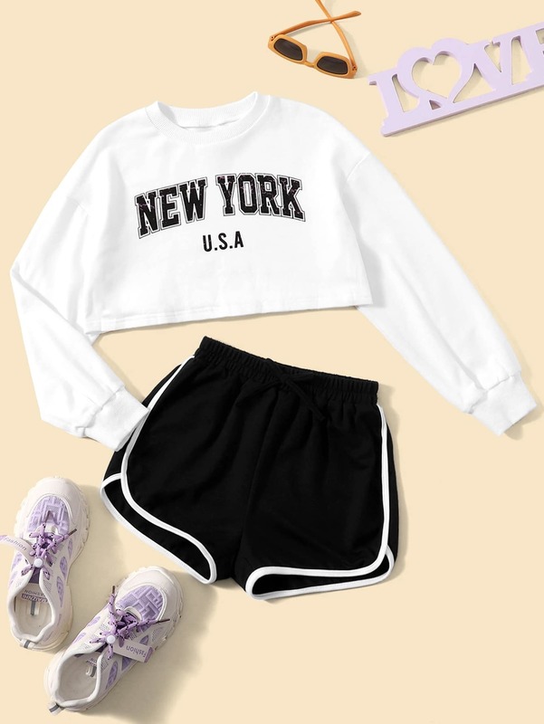 

Girls Letter Graphic Tee & Contrast Binding Track Shorts SHE, Black and white