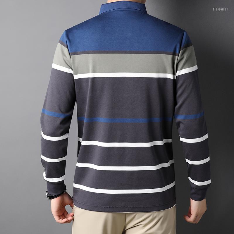 

Men's Polos High Quality Men's Business Striped Long Sleeve Shirt Spring Fashion Straight Type Cotton Lapel Male BrandMen's Men'sMen's B, Blue