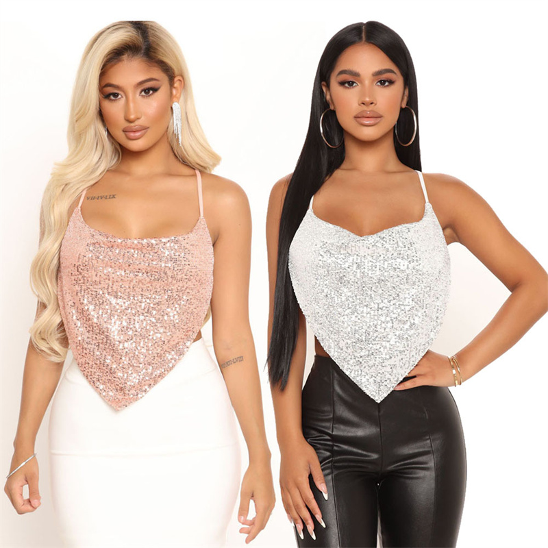 

Sequined Woman Crop Top Sexy and Club Tee Summer Spaghetti Strap Nightclub Woman Camis, White