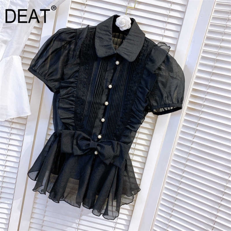 

DEAT Women Black Ruffles Lace Shirt Arrivals Turn-down Collar Puff Sleeve Fashion Temperament Spring Summer 11D670 210709