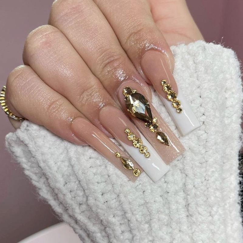 

False Nails 24pcs/Box Detachable Coffin Wearable Ballerina Rhinestone Fake Full Cover Nail Tips Press On NailsFalse, 01