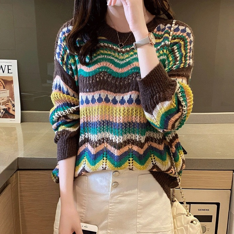 

Y2K sweater women clothing autumn new striped contrast color hollow thin section ethnic style retro knitted bottoming shirt top, Green