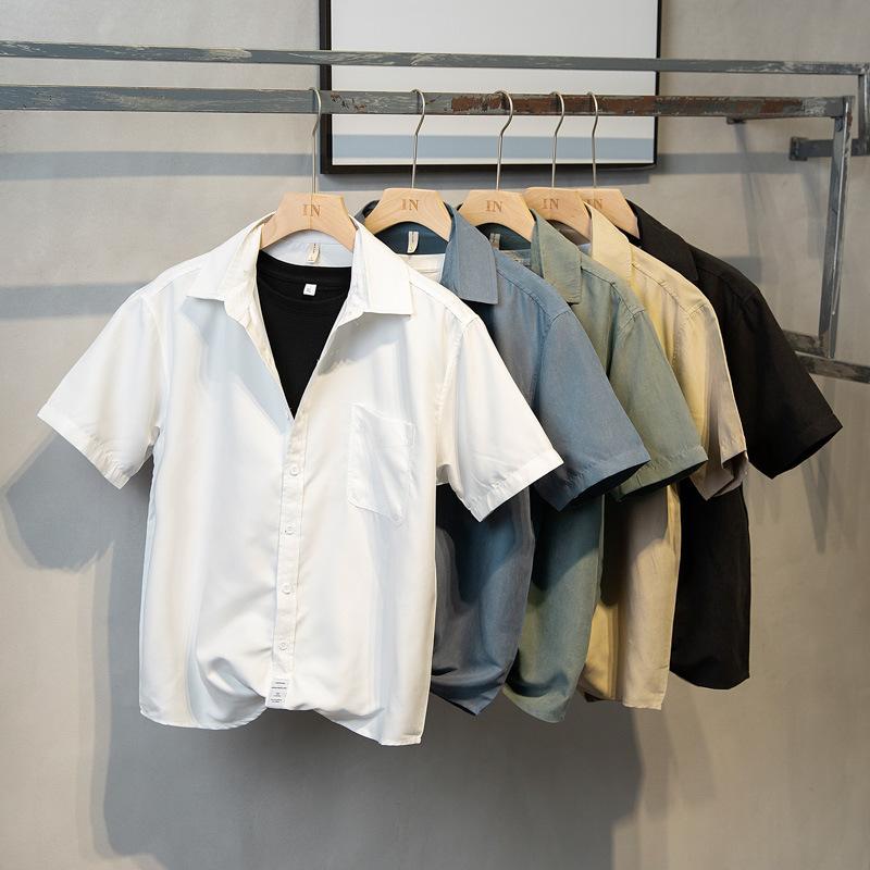

Men's Casual Shirts Summer Short Sleeve Mens Shirt Solid Color 5 Colors Slim Fit Couple's Clothes For 2022Men's, Black
