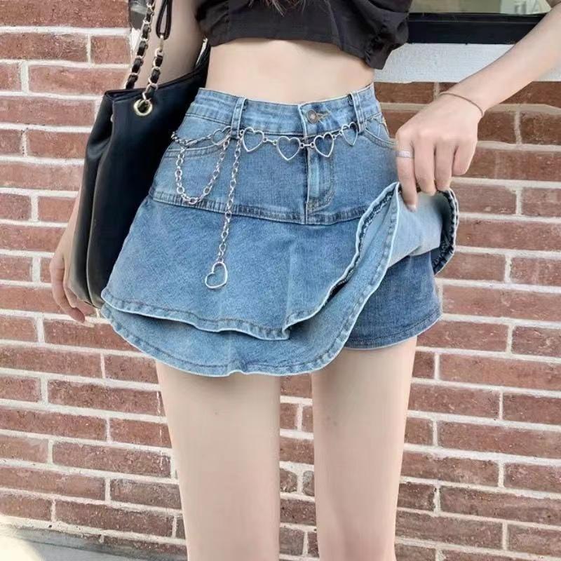 

Skirts Denim Skirt Women' Summer 2022 Net Red Ruffled Pleated High Waist And Thin A-line Short Girl KoreaSkirts, Light blue