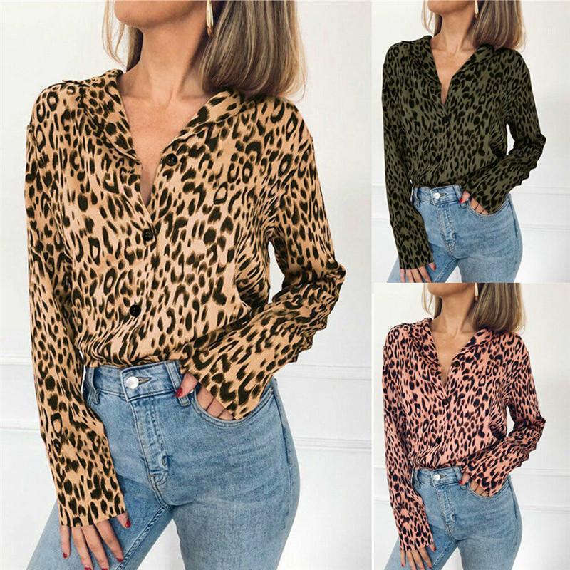 

Summer Womens Casual Tops Blouse Ladies Long Sleeve V Neck Leopard Print Shirt Women' Blouses & Shirts, Green
