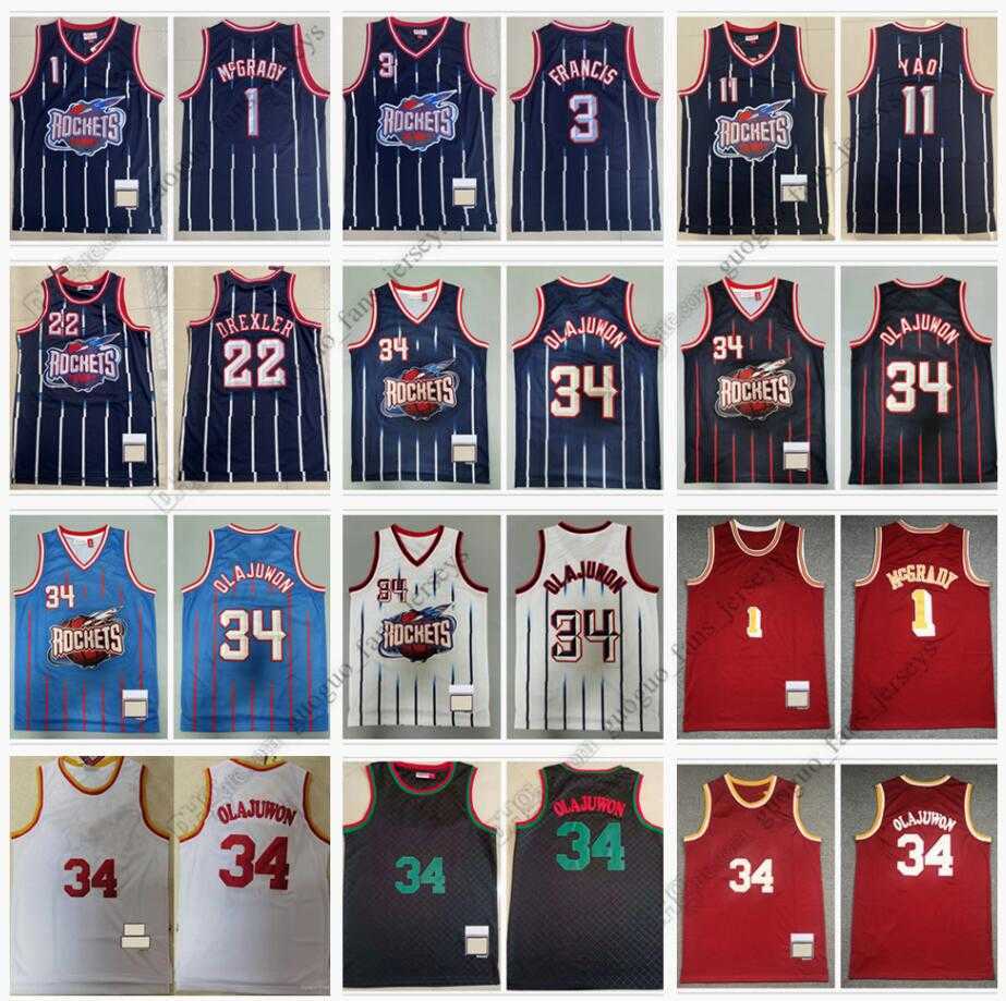 

Retro Mitchell and Ness Basketball Jerseys McGrady 1 Tracy 1995-96 Francis 3 Steve 11 Yao Ming Drexler 22 Clyde 34 Hakeem Olajuwon 1996-97 Black Red Size, Picture