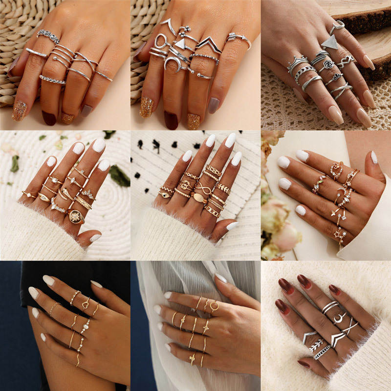 

LETAPI Gold Silver Color Round Hollow Geometric Rings Set For Women Fashion Cross Twist Crystal Joint Ring Female Jewelry 220716