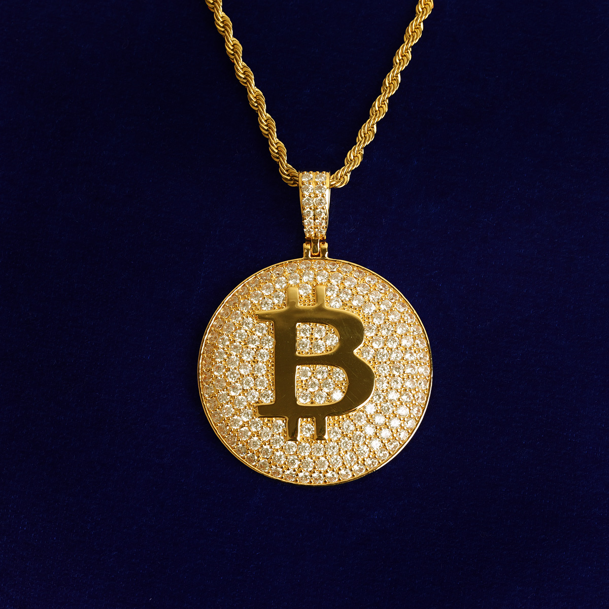 

Iced Out CZ Round Bitcoin Letter B Pendant Necklaces Men's Hip Hop Jewelry Gold Silver Color