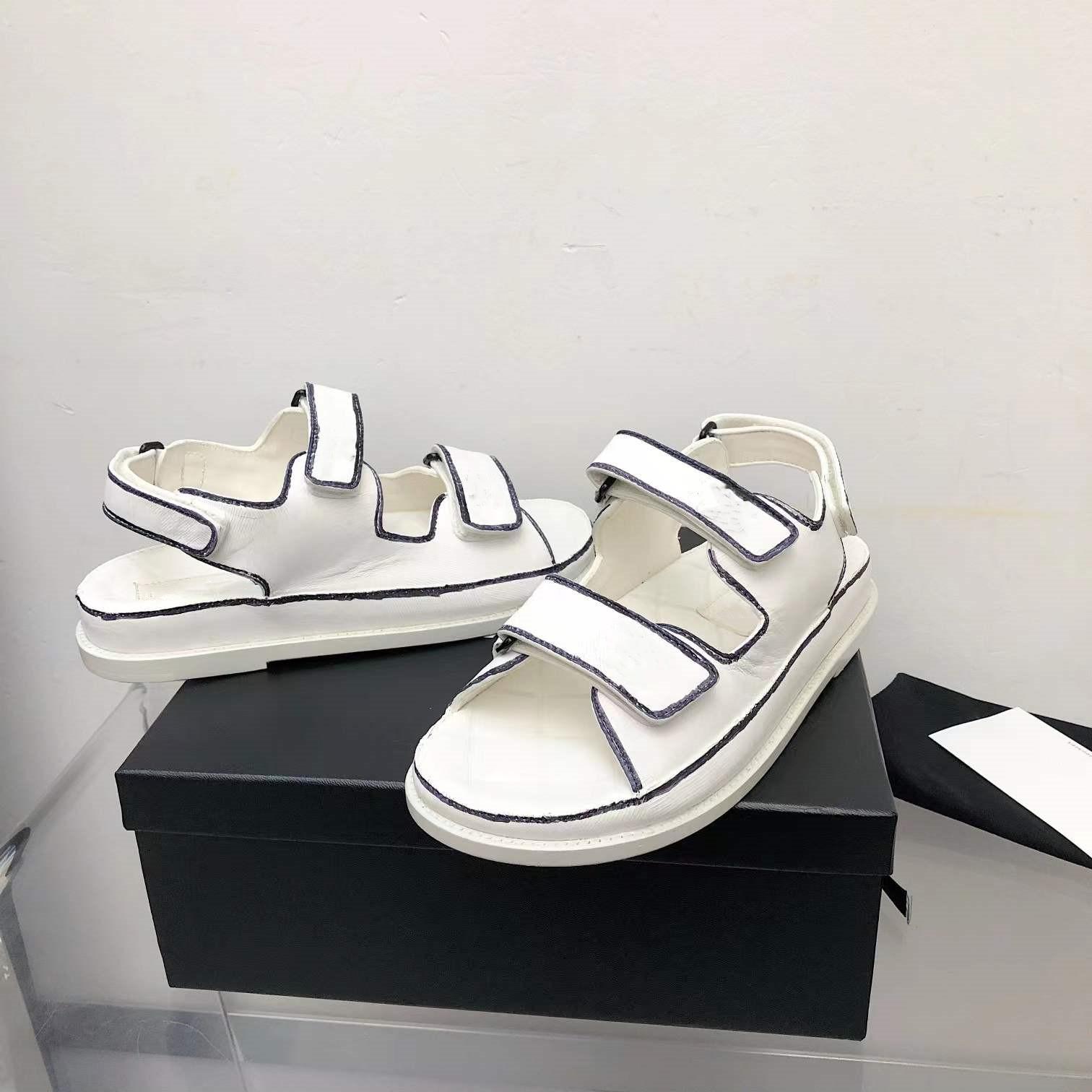 

White Black 22c Leather Mules Slides Strap Flats Printed Dad Sandals Hook and loop beach shoes imported sheepskin lining size 35-42